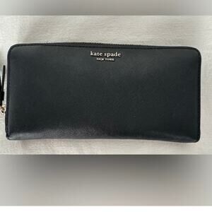 Kate Spade Black Zip Around Wallet Saffiano Leather Gold Logo
